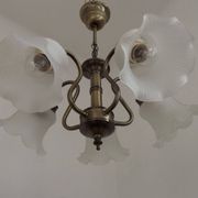 Vintage French 5 Light Silver Metal Chandelier With Patterned Glass Shades 4536