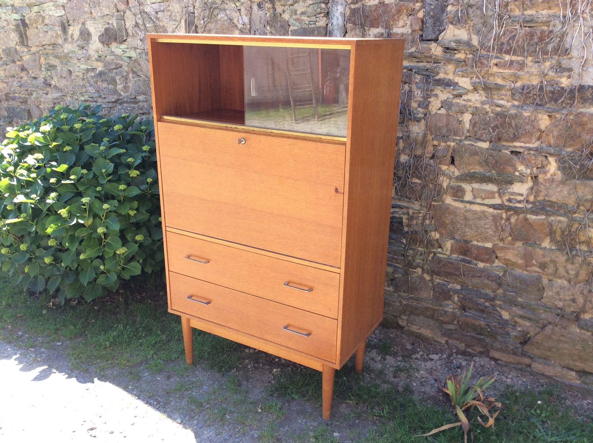 Vintage oak secretary with 2 drawers and 2 sliding windows