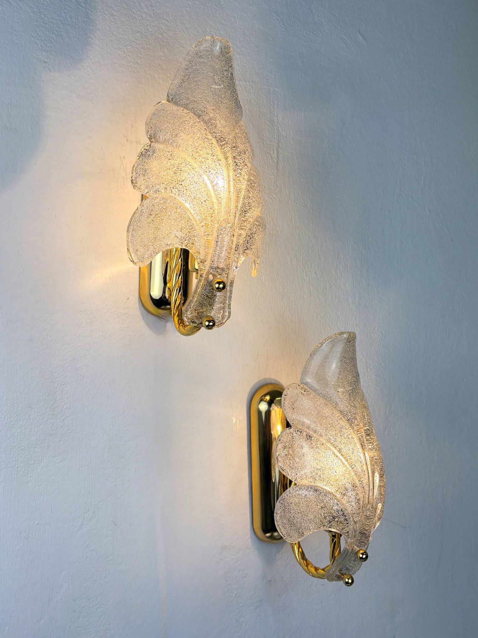 Pair of Murano frosted leaf sconces, textured glass & gilt brass, Italy, 1970s