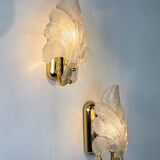 Pair of Murano frosted leaf sconces, textured glass & gilt brass, Italy, 1970s