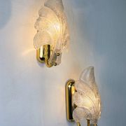 Pair of Murano frosted leaf sconces, textured glass & gilt brass, Italy, 1970s