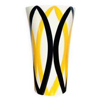 Vase Saint Clément Années 60-70 Design Géométrique Jaune Noir 24cm Vintage