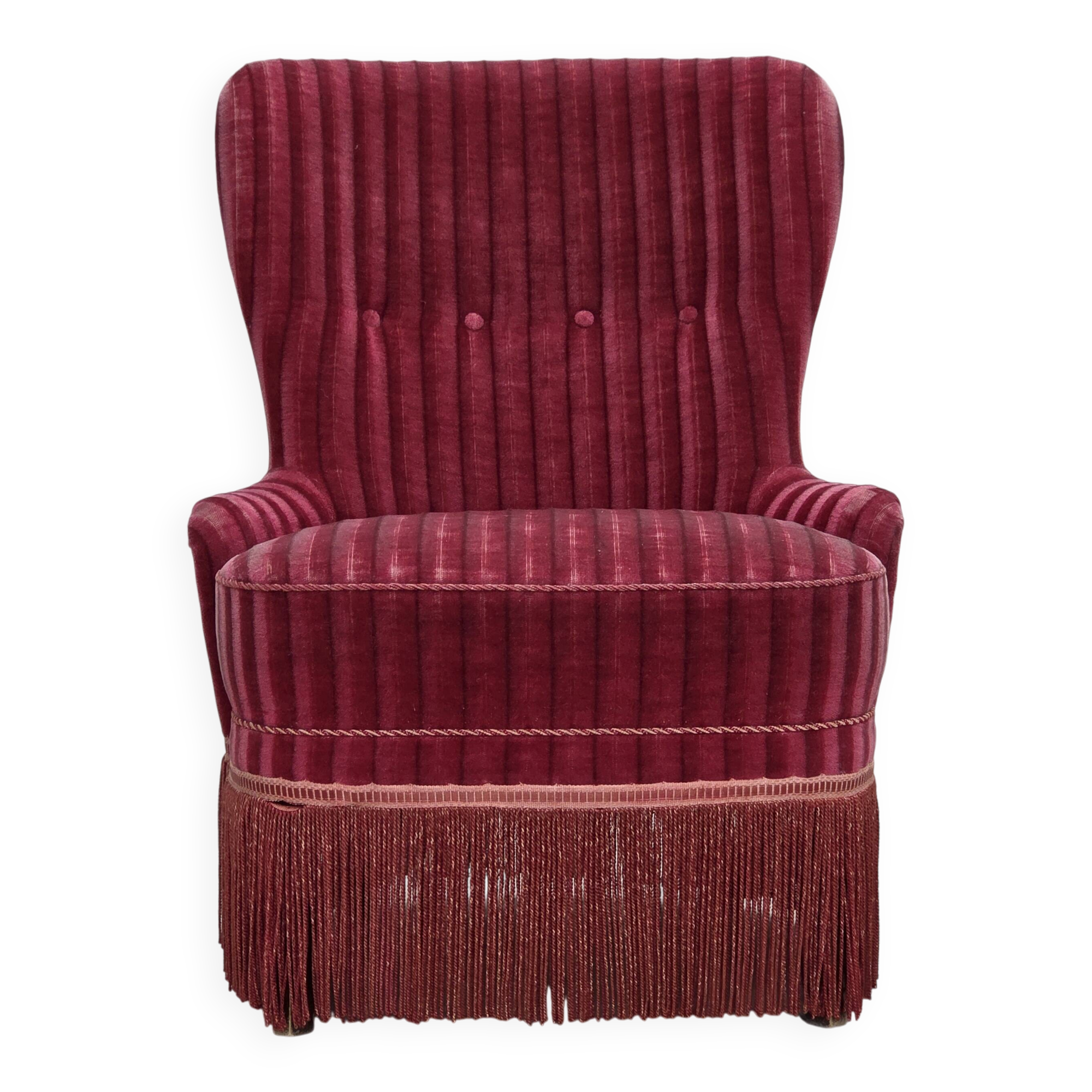 1960s, Danish armchair, original striped red furniture velour.