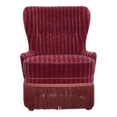 Fauteuil danois des années 1960, en velours rayé rouge d'origine.