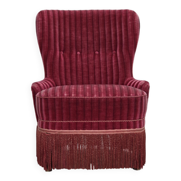 1960s, Danish armchair, original striped red furniture velour.