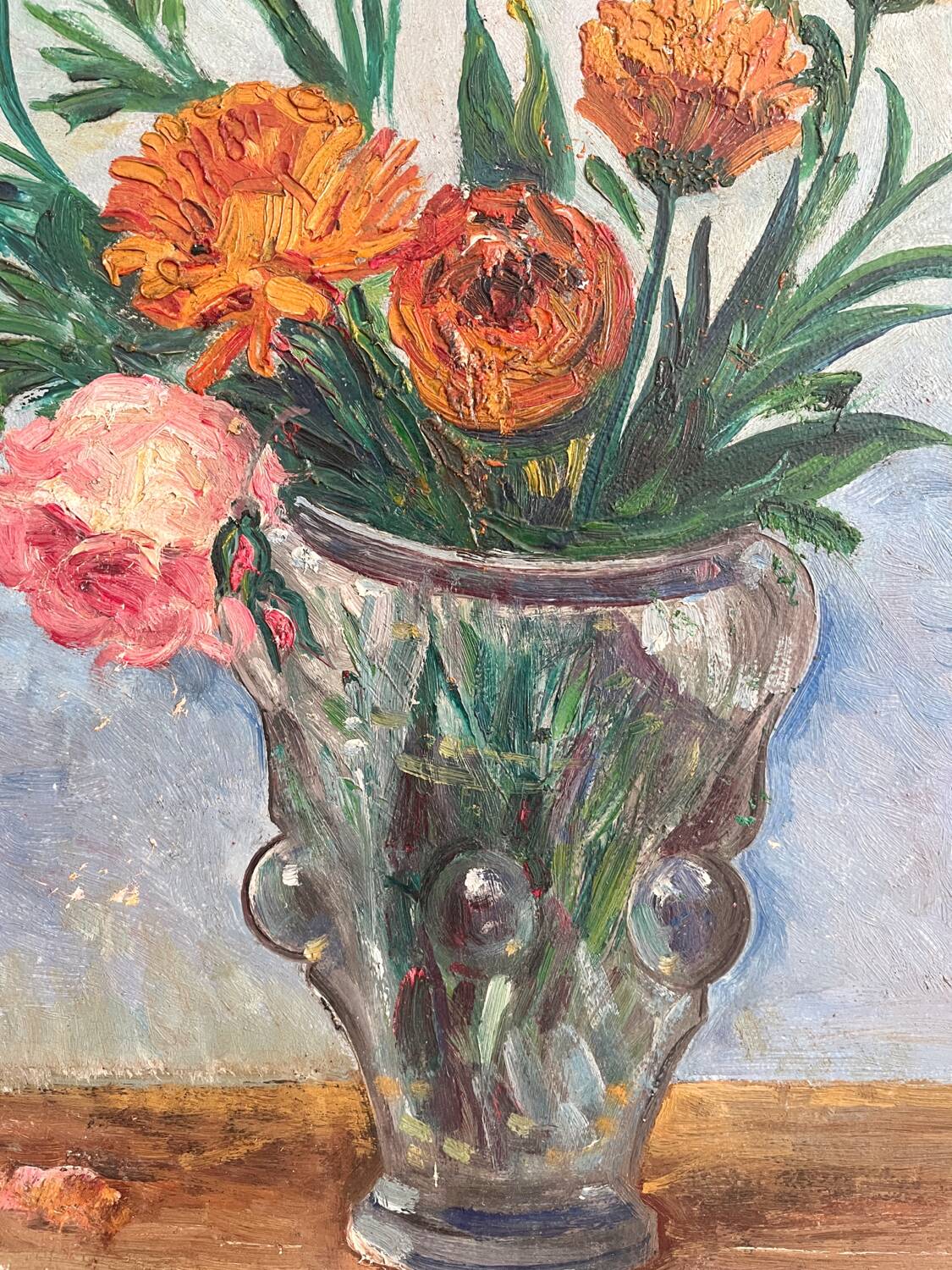 Old oil painting on panel bouquet of flowers