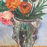Tableau peinture ancienne huile sur panneau bouquet de fleurs