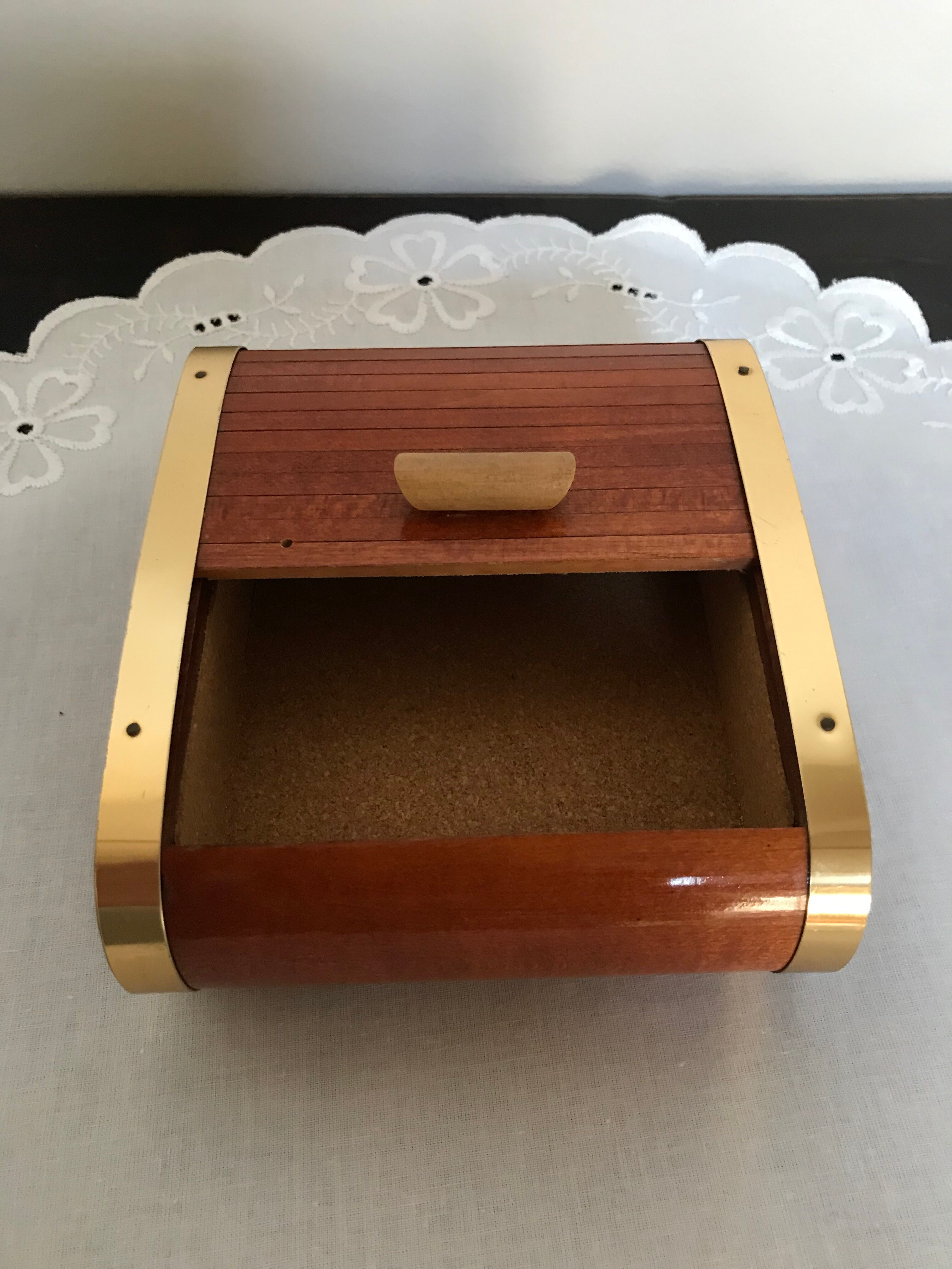 Vintage wooden cigarette box and brass curtain sliding lid