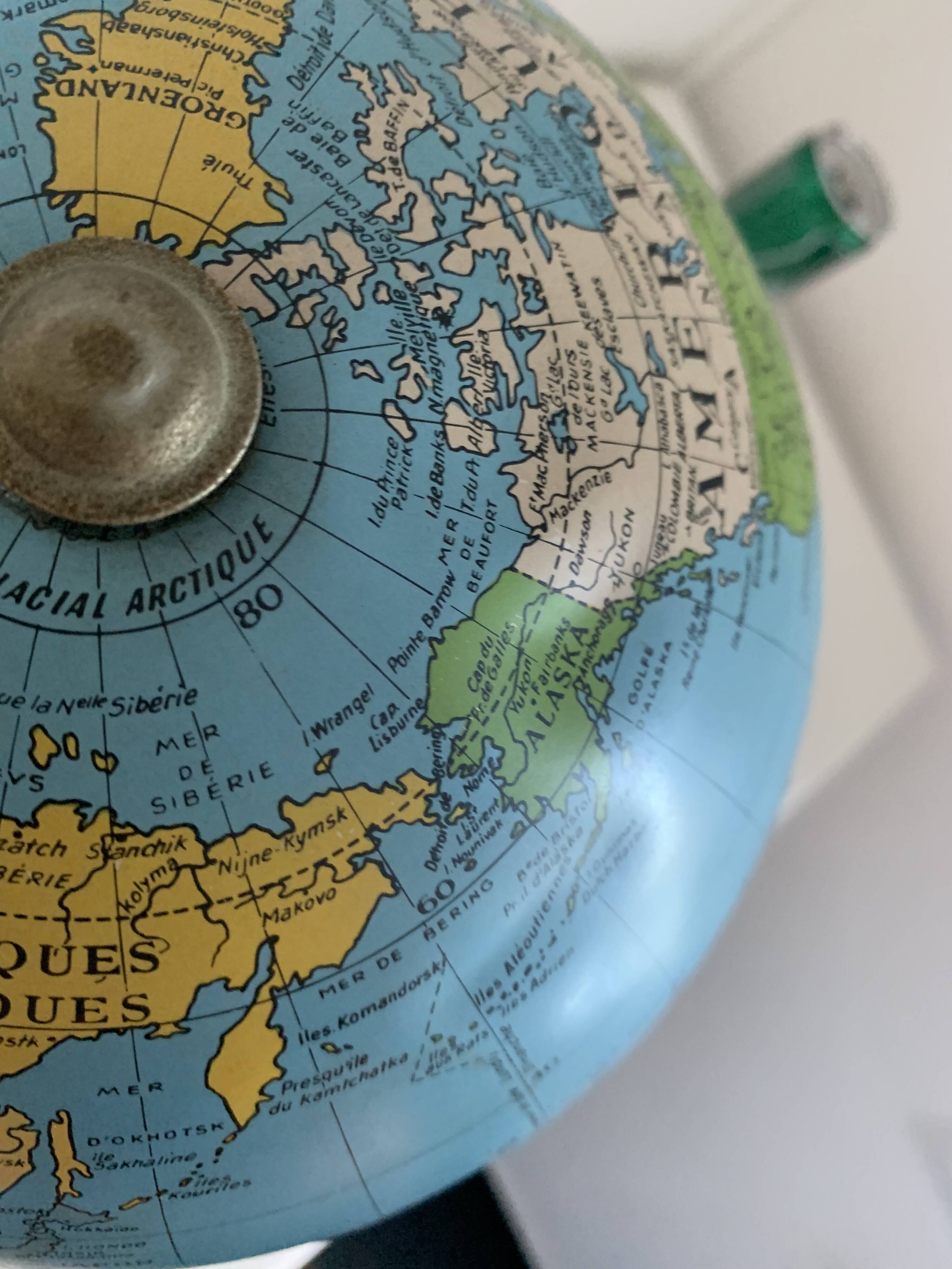Vintage 1960 golden terrestrial globe by Taride, tripod world map - 28 cm
