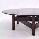 Table basse en bois et plateau rond en verre fumé