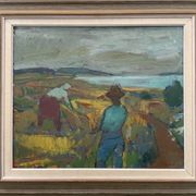 Svan Grandin (1906- 1982) Vintage Oil Painting Landscape “Harvesters”