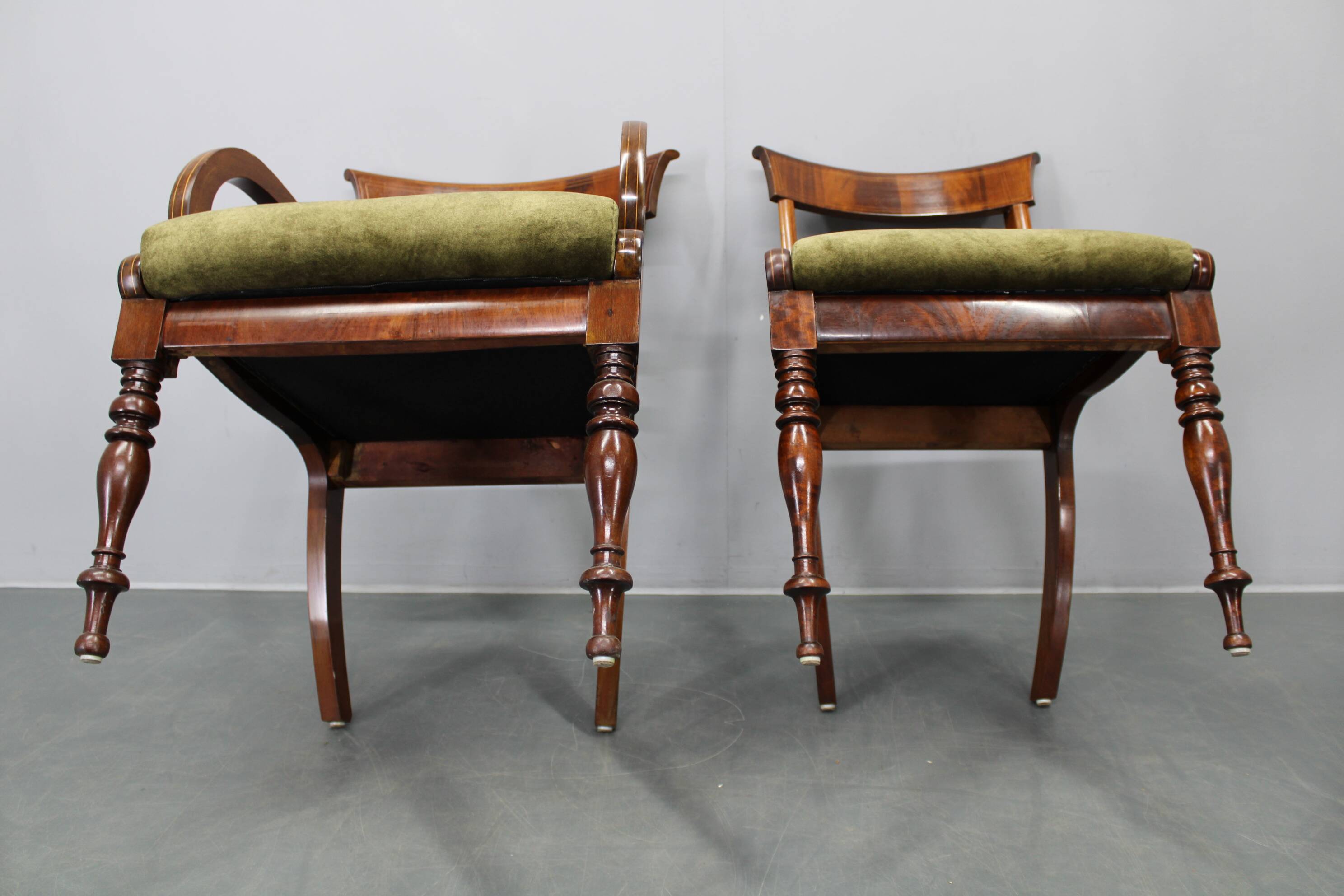French Art Deco walnut dining chair set with armchairs, France 1930s