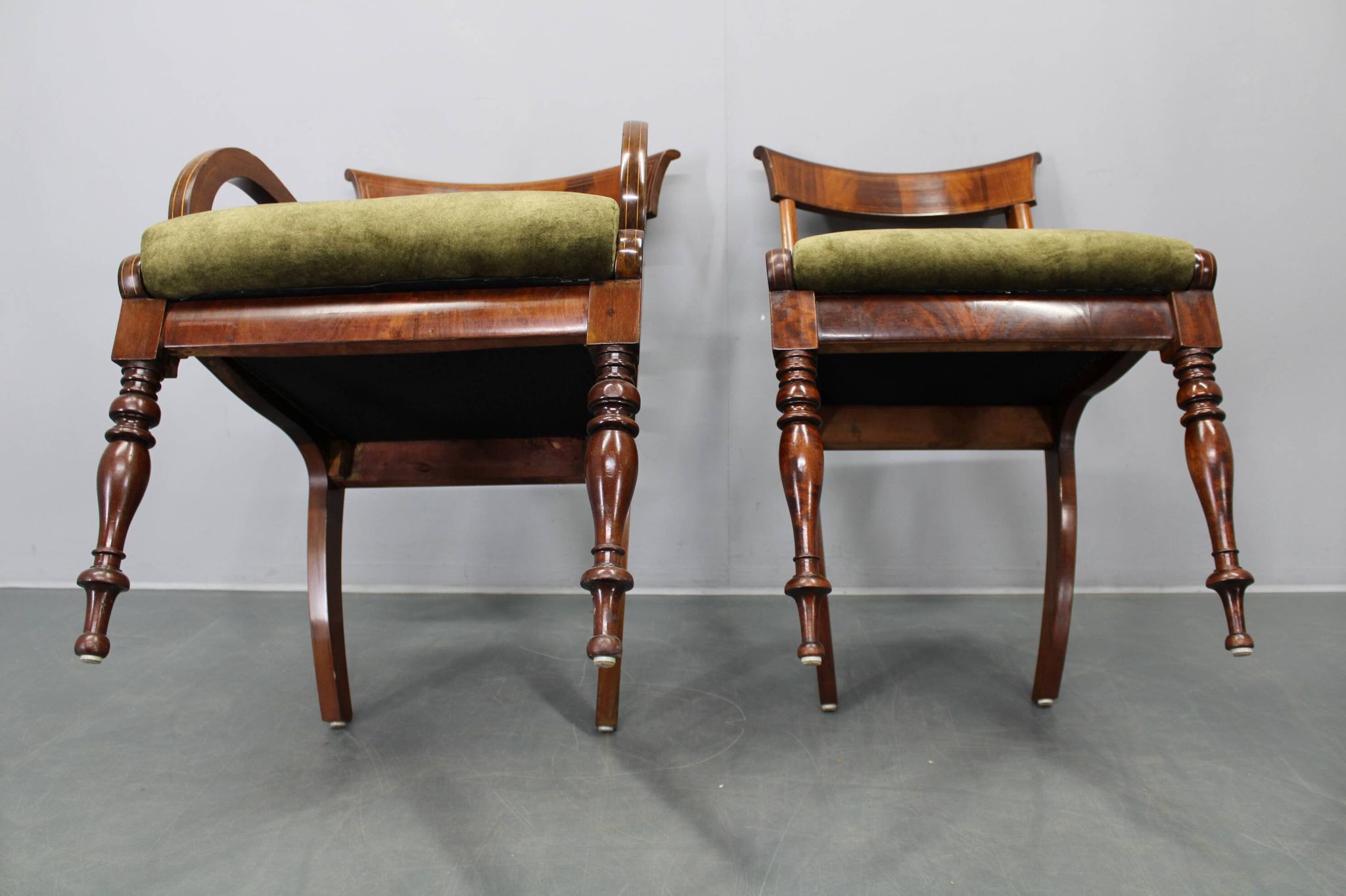 French Art Deco walnut dining chair set with armchairs, France 1930s