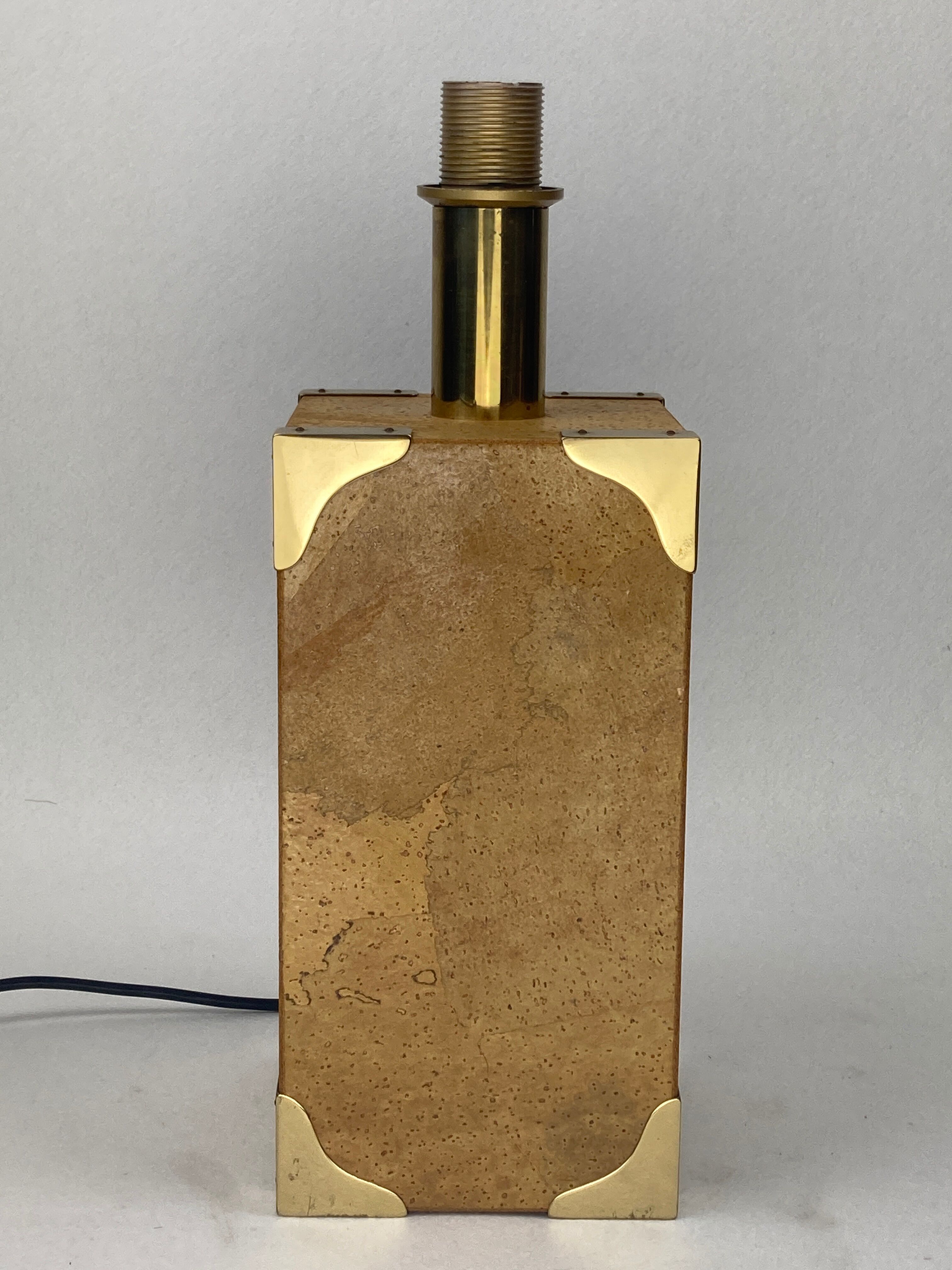 Cork and brass table lamp, bouclé shade. Leola Design Germany 1970s