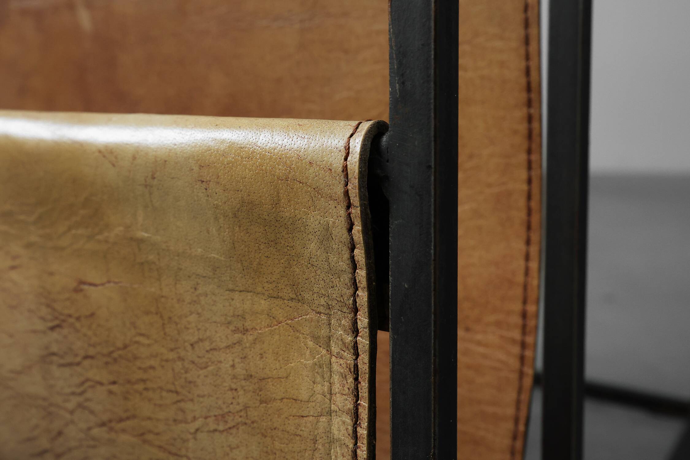 Mid-Century Magazine Holder in Metal, Wood and Leather, Belgium 1960s