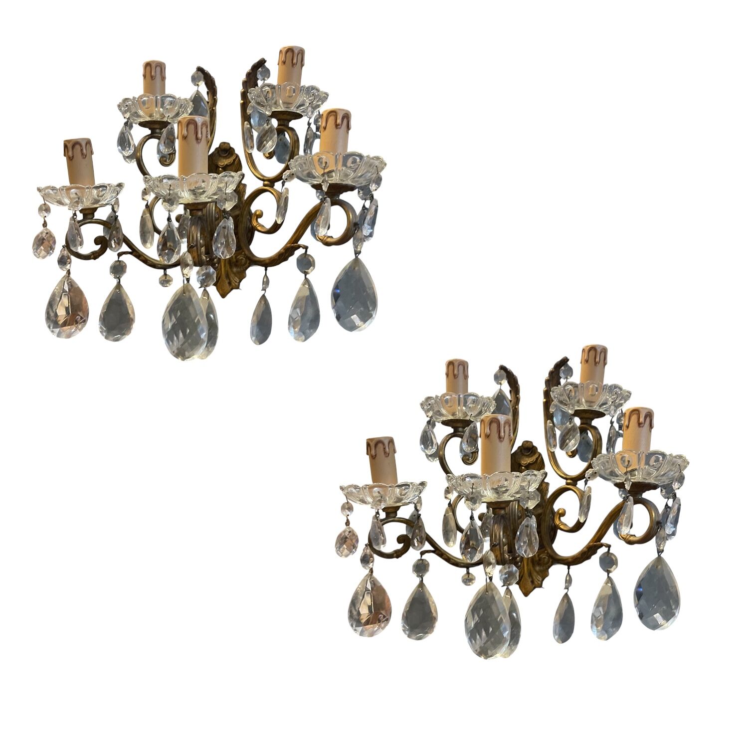 Large Bronze and Crystal Wall Sconces, Set of 2, Italy, 1950s