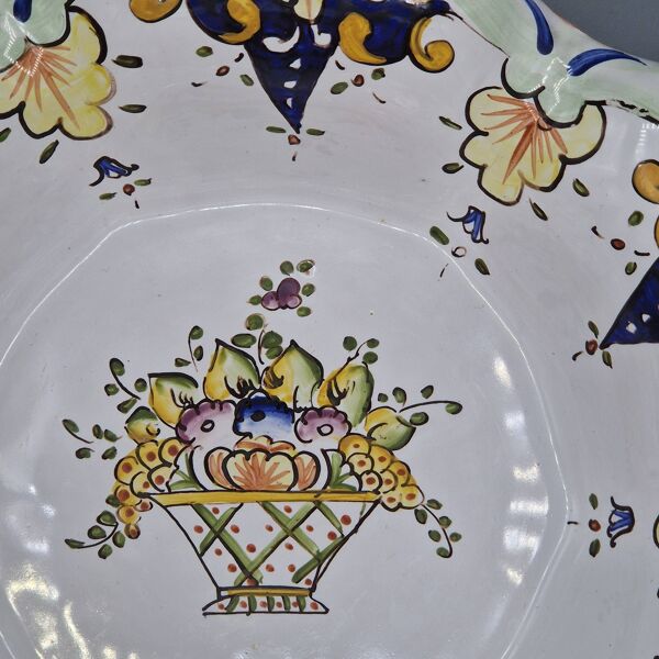 Assiette unique en faïence française vintage de Le Renoleau peinte à la main, 30 cm