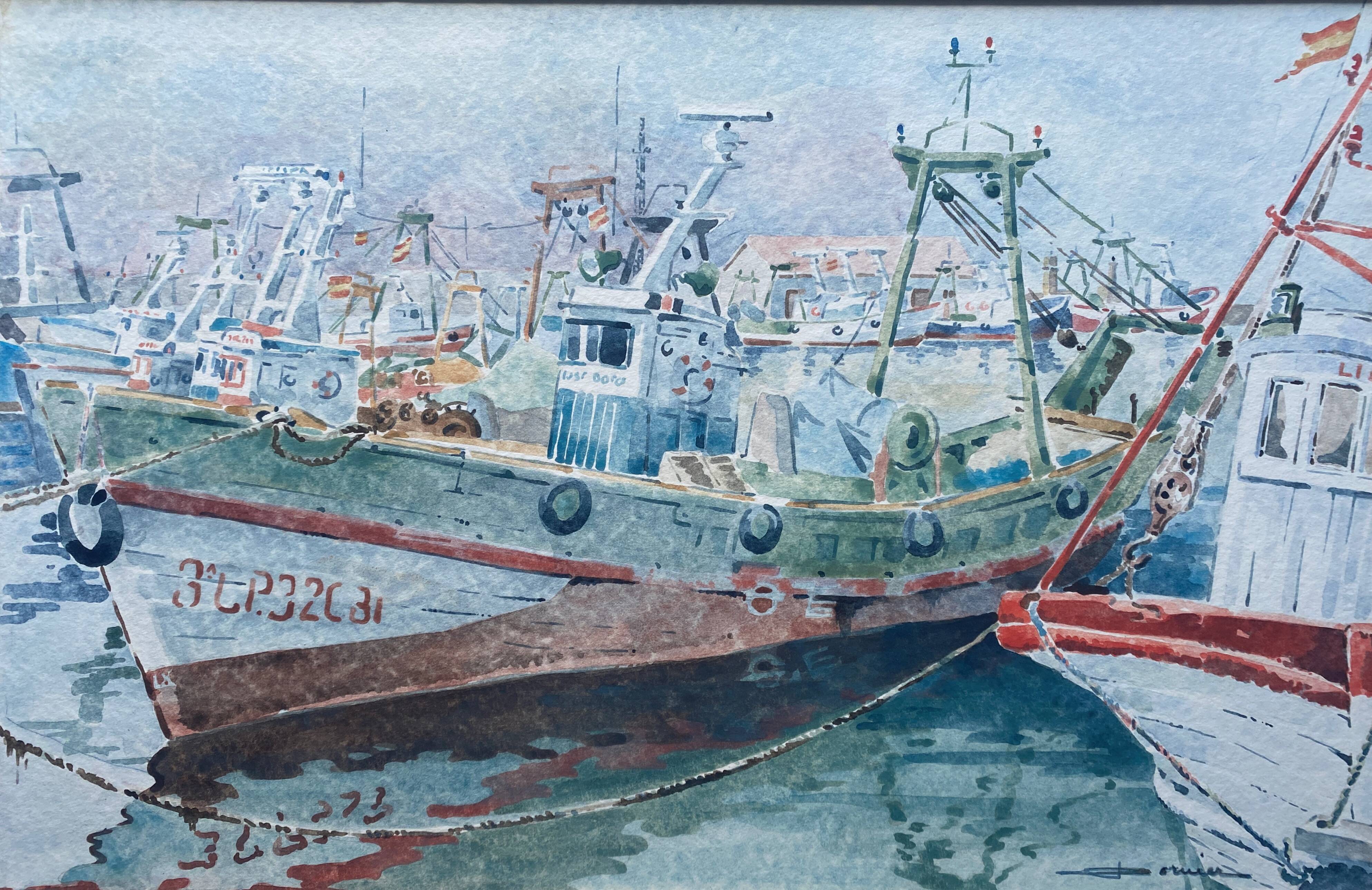 Watercolor painting signed Dornier (?) "Boats at the port of Vuaros" Spain