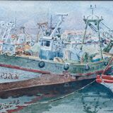 Watercolor painting signed Dornier (?) "Boats at the port of Vuaros" Spain