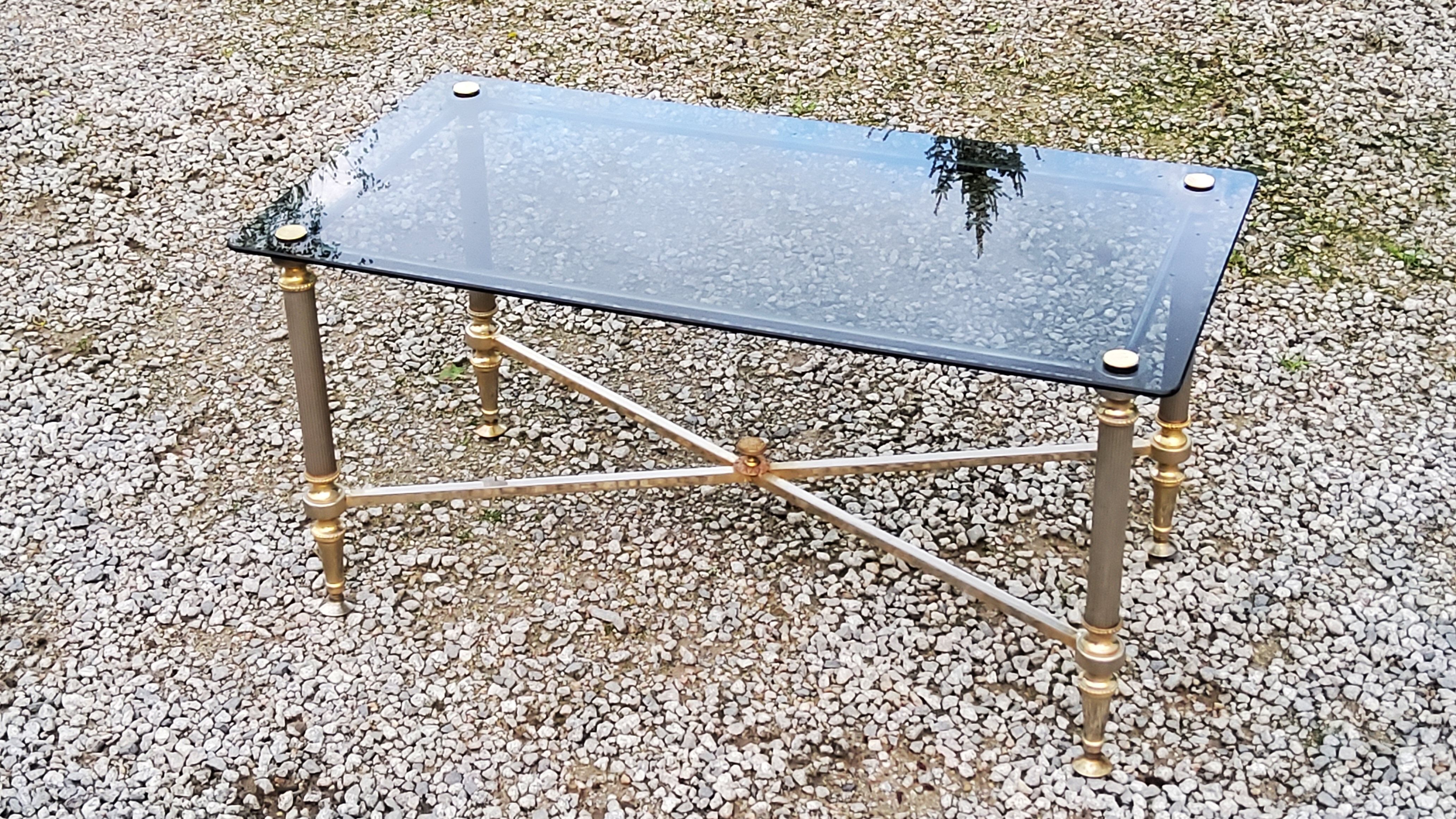 Coffee table of the 70s in neo-classical style gilded metal base and chrome smoked glass top
