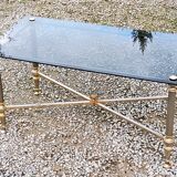 Coffee table of the 70s in neo-classical style gilded metal base and chrome smoked glass top