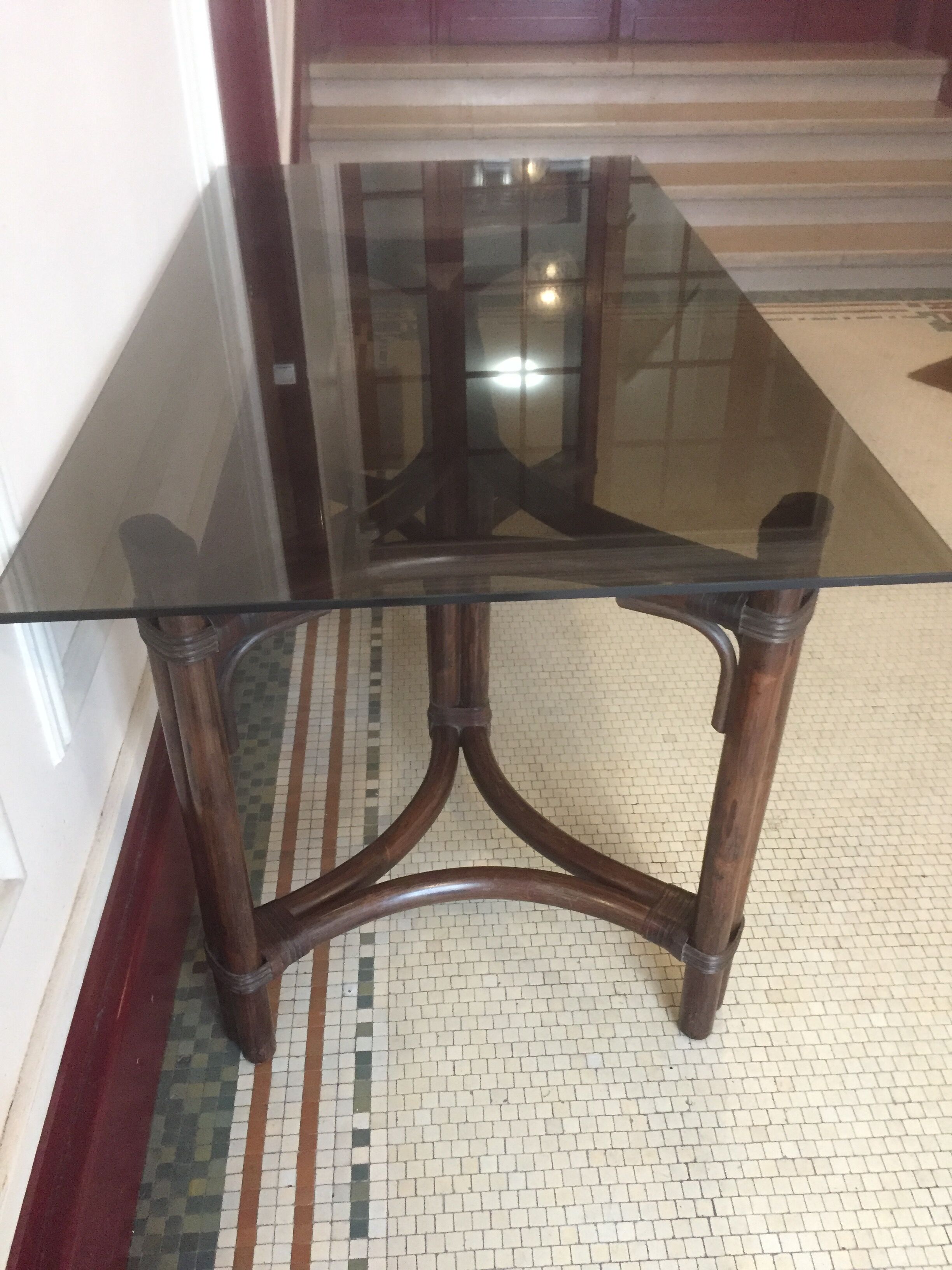 Bamboo table with smoked glass top