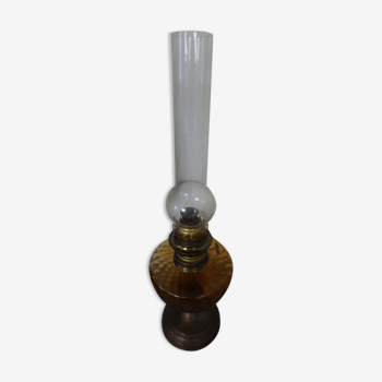 Amber glass kerosene lamp and pewter foot