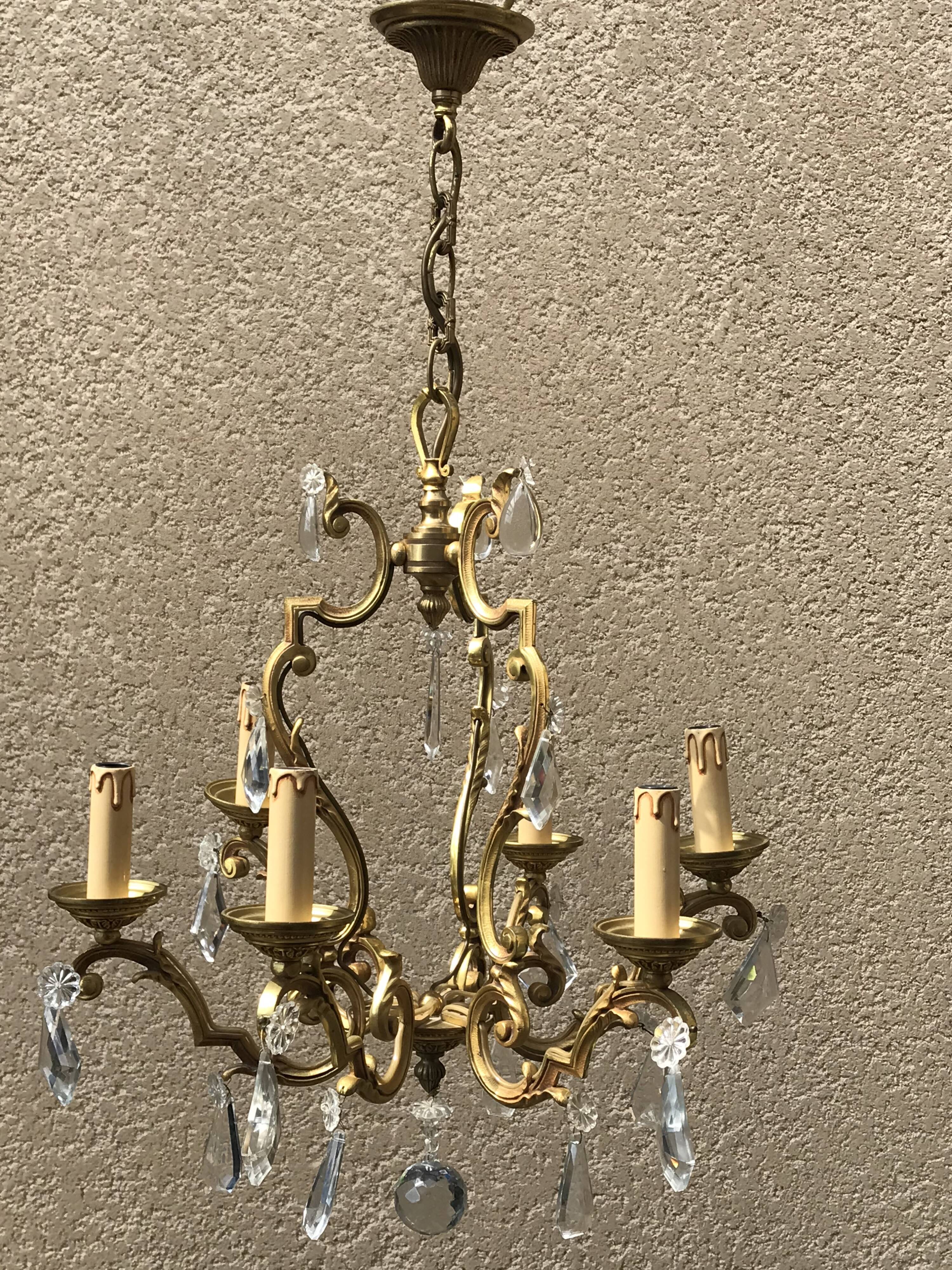 Bronze cage chandelier with crystal drops, 6 lights