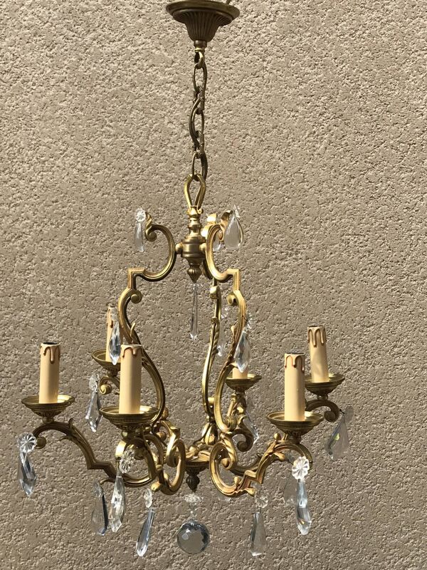 Lustre cage en bronze avec pampilles ,6 lampes
