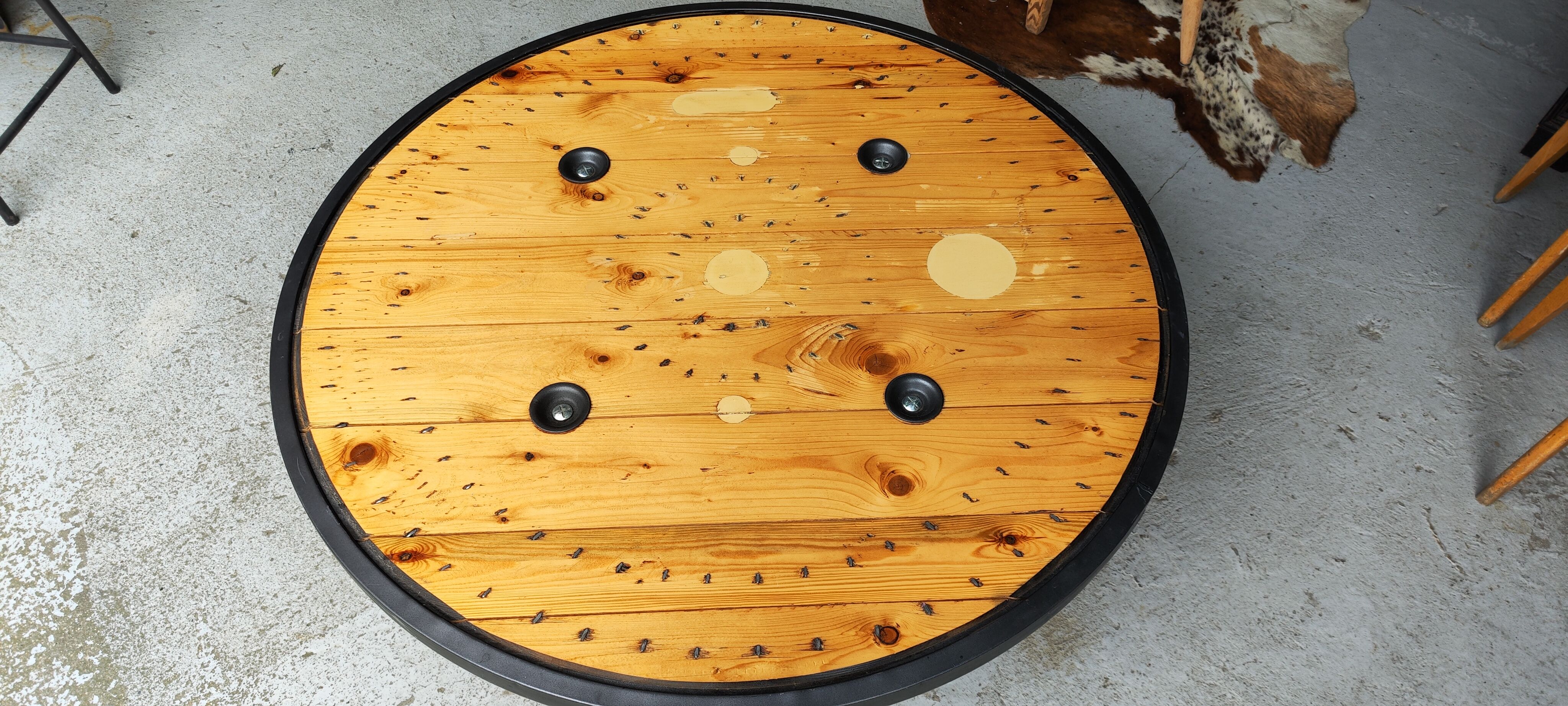 Large industrial coffee table metal and wood drum