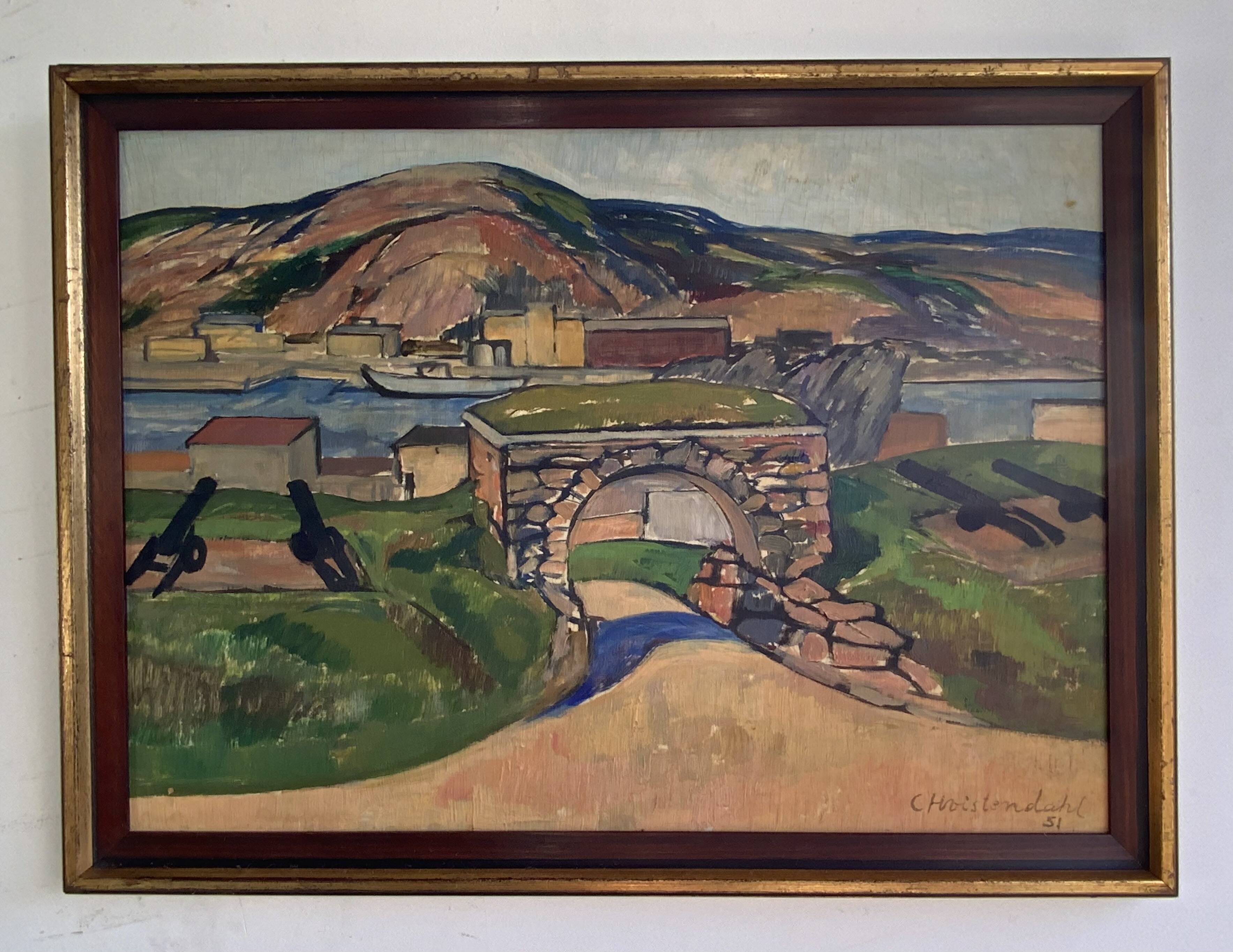 Vintage Oil Painting Landscape Fortification by Carsten Hvistendahl 1931