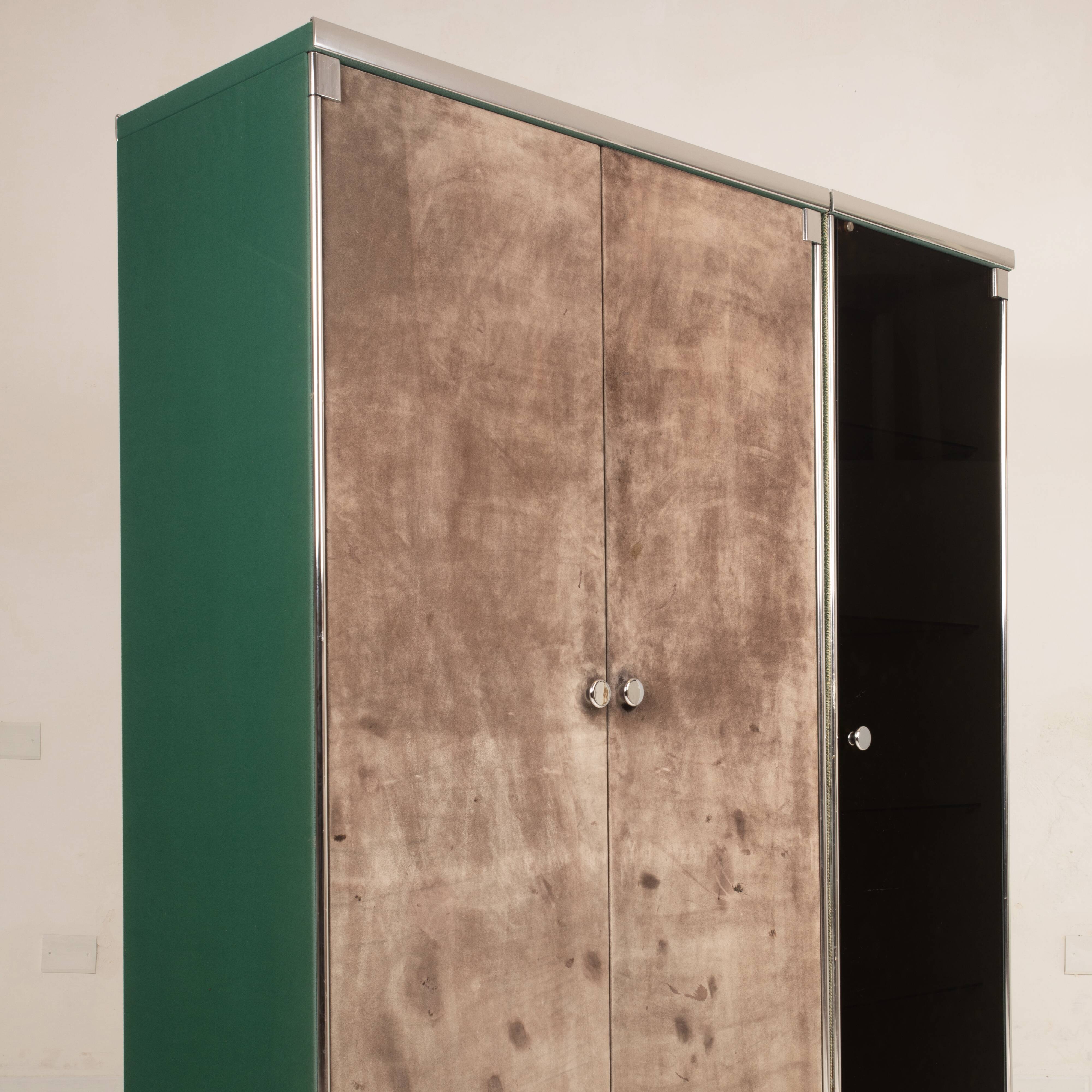 Guido Faleschini Astro Smoked Glass and Suede Cabinets for i4 Mariani 1979