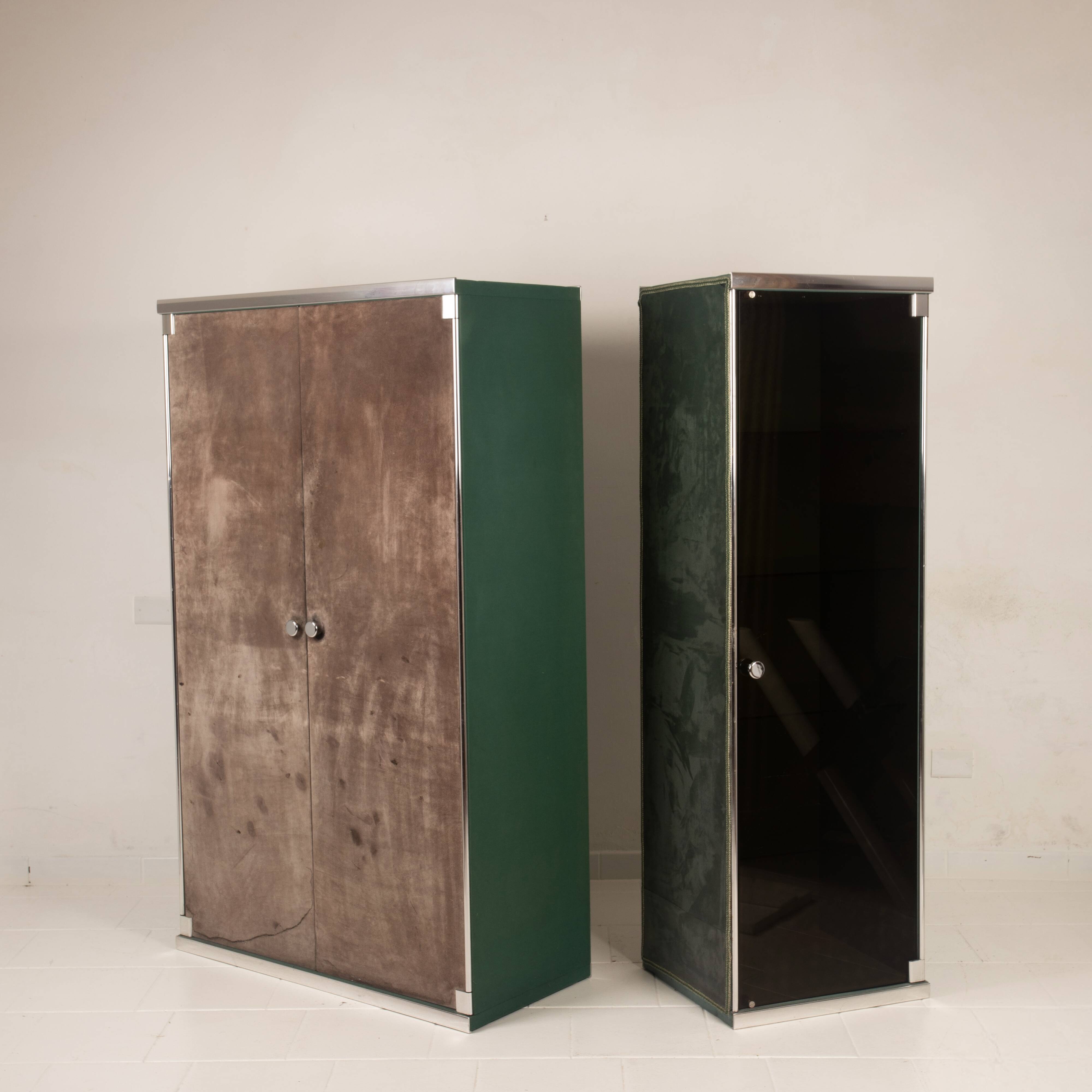 Guido Faleschini Astro Smoked Glass and Suede Cabinets for i4 Mariani 1979