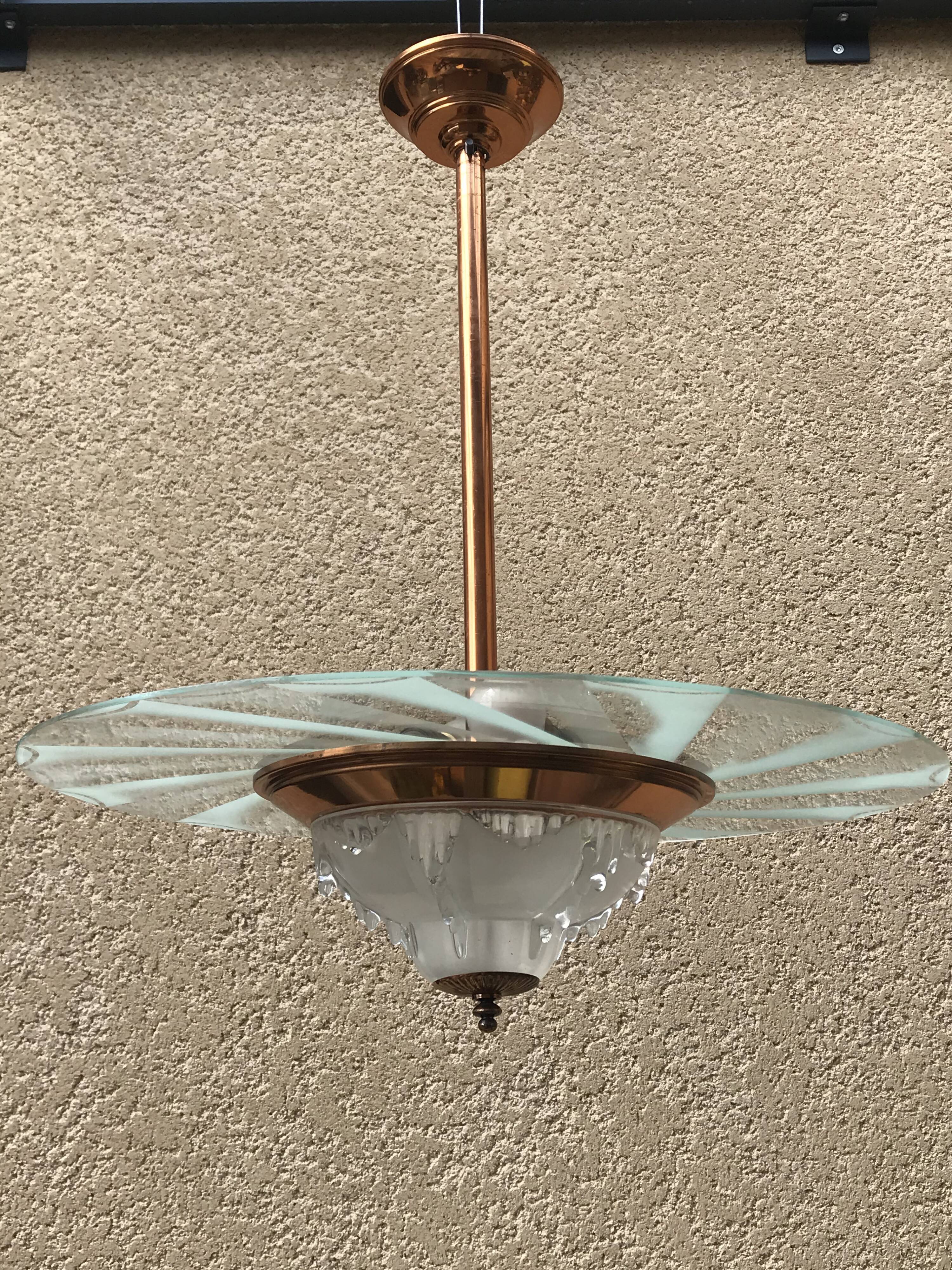 Copper and glass hanging lamp with his Ezan glass disc