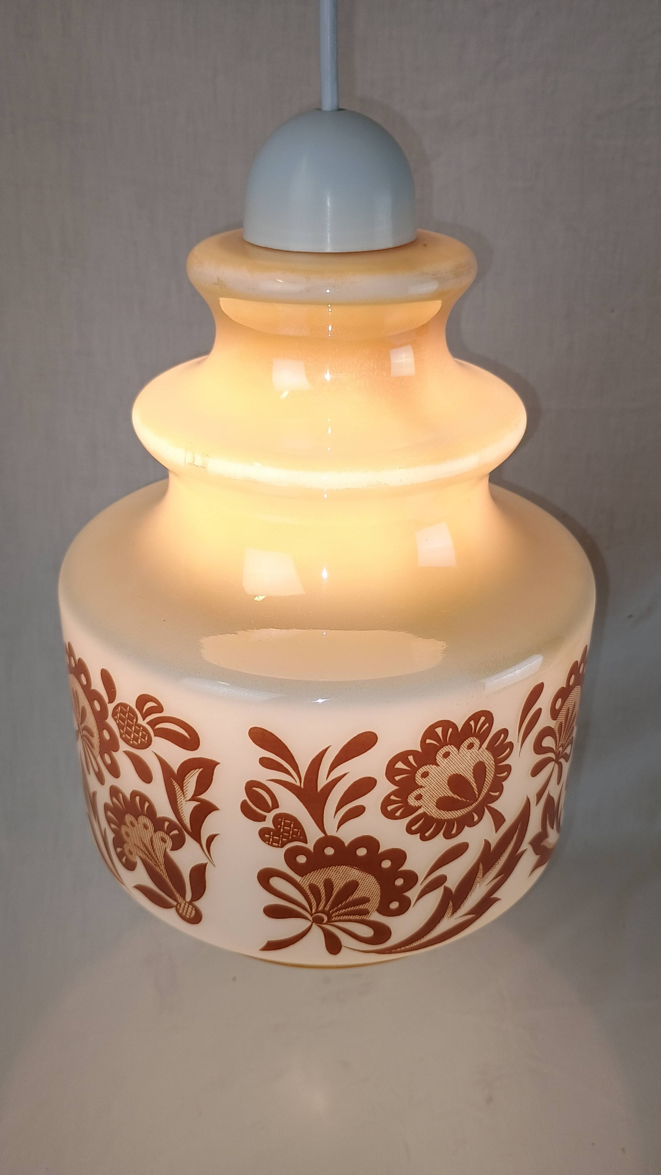 Venini Vintage Murano Glass Pendant Light, White and Brown Floral Design, 1950s