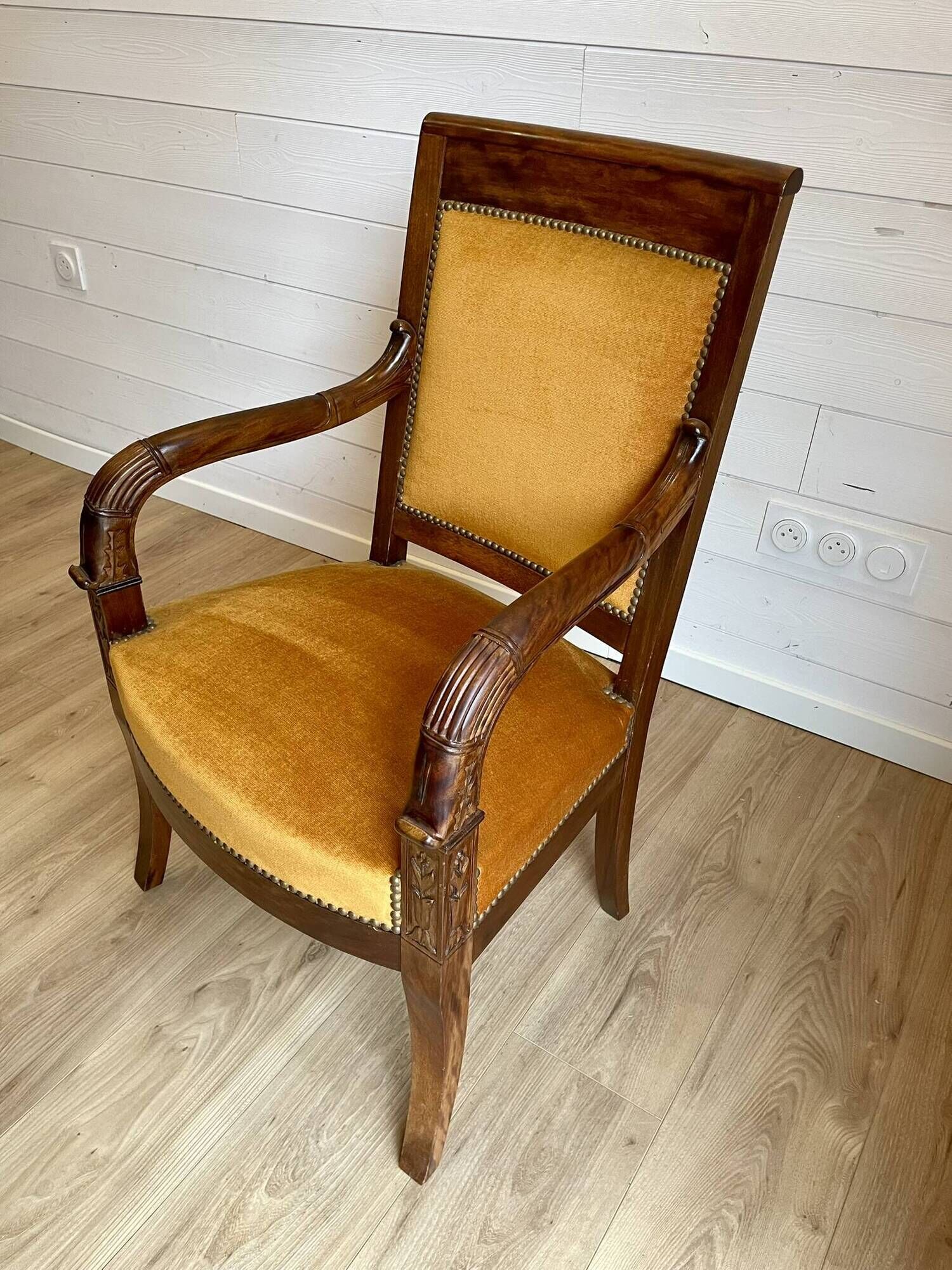 2 vintage style Directoire or Empire armchairs / cabriolets – orange velvet