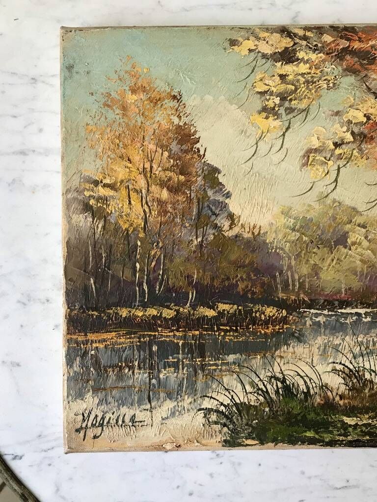 Oil painting on canvas river forest autumnal landscape signed