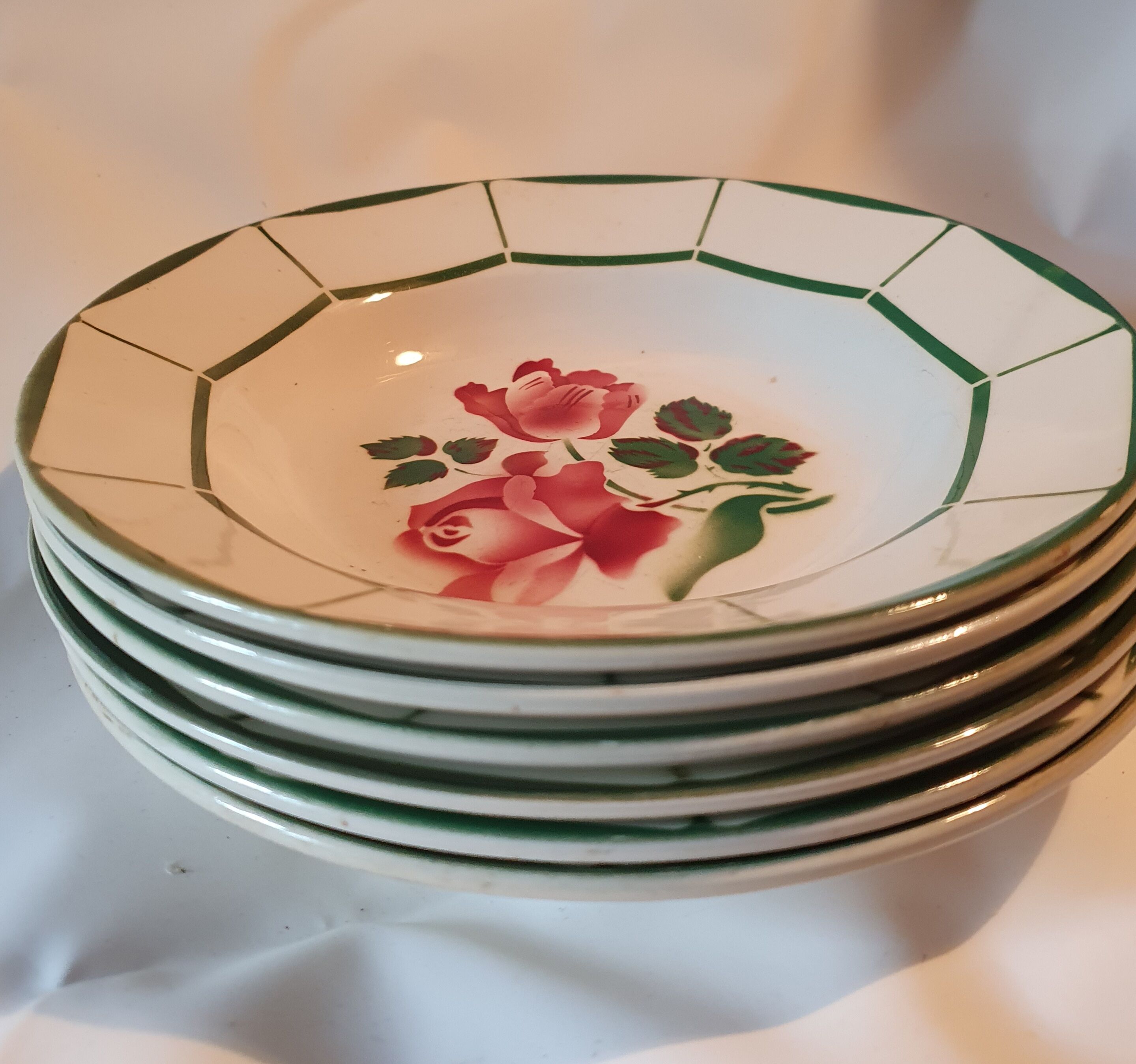 6 hollow plates in faience decor red pinks and green leaves