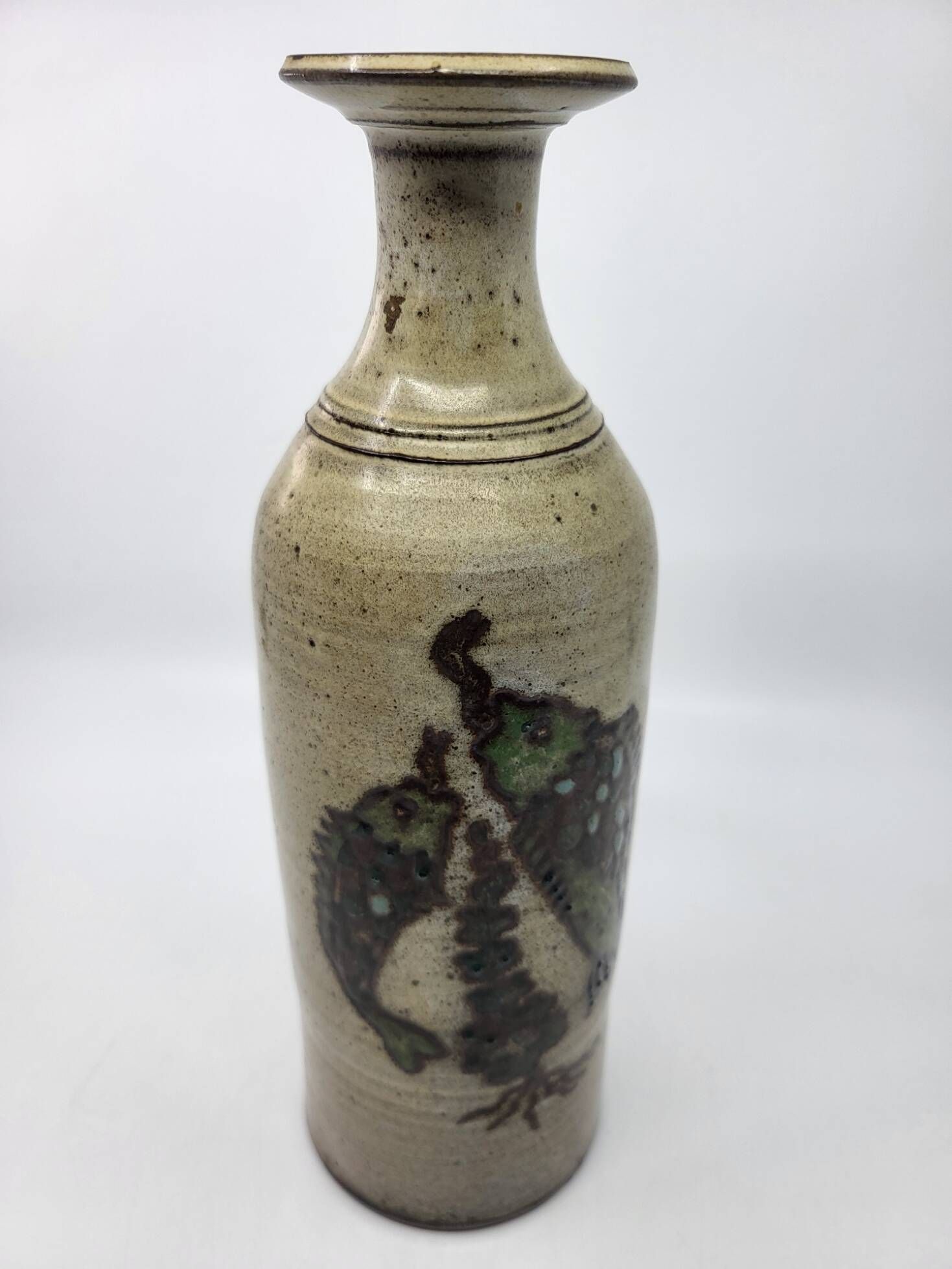 Vintage bottle vase in ceramic stoneware with fish decoration circa 1970/80.