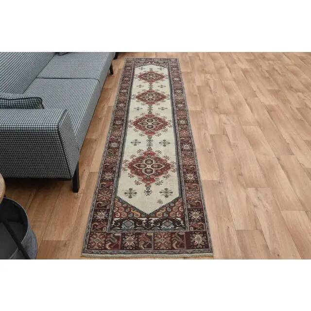 1970s Vintage Turkish Oushak Handmade Wool Cotton Red Runner Rug 78x307