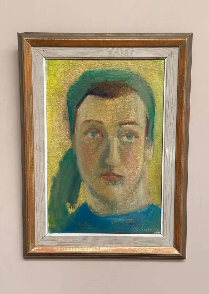Huile sur panneau d'origine suédoise – "Portrait" par A.-S. Nilsson – Signé – Vintage et encadré – 44 × 32 cm (17,3" × 12,6")