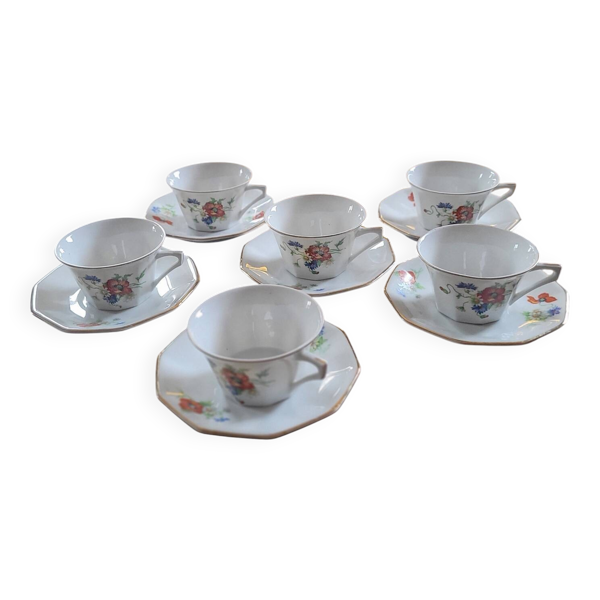 6 tasses en porcelaine décor fleurs des champs 60's
