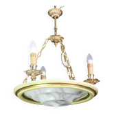 Masterpiece Art Deco design white alabaster chandelier circular wooden fram