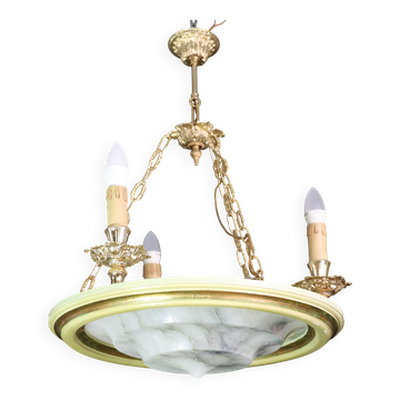 Lustre Art Déco en albâtre blanc et bois