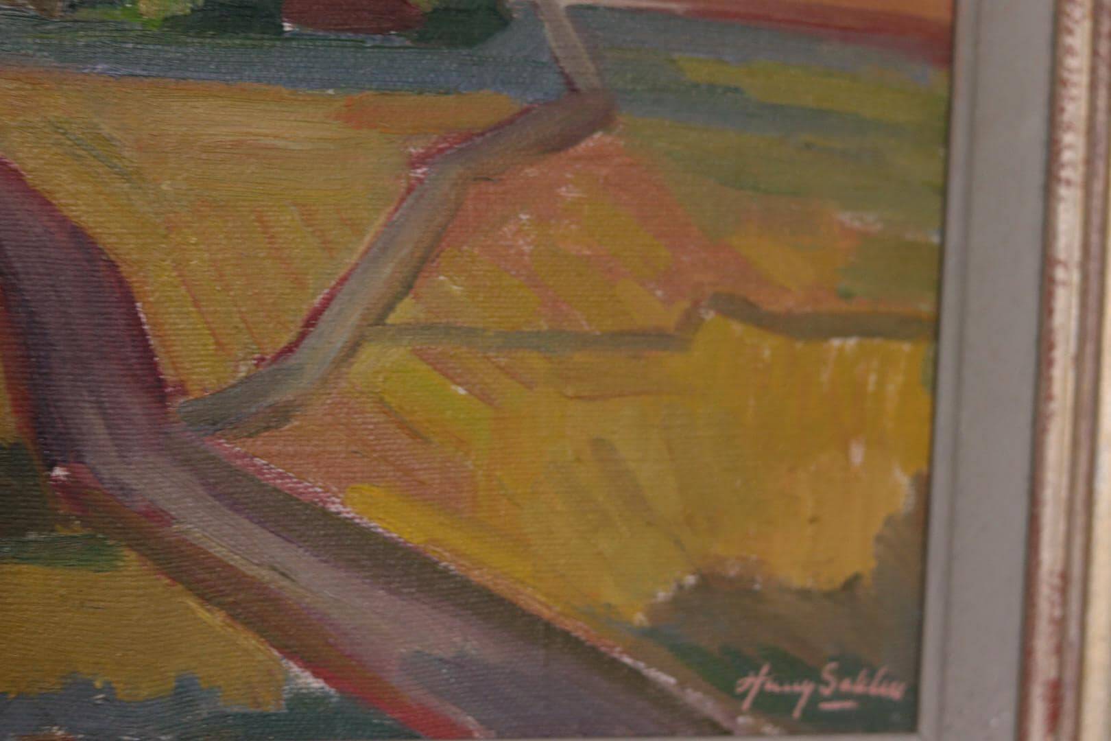 Huile sur toile originale suédoise – « Paysage avec moulin à vent » par Harry Sahlin