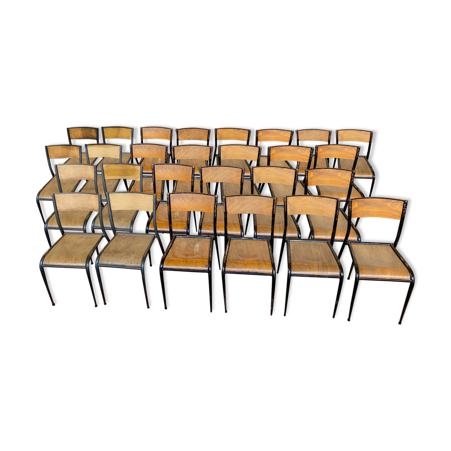 Serie set of 27 school chaises mullca 510 pieds fuseau vintage 1960