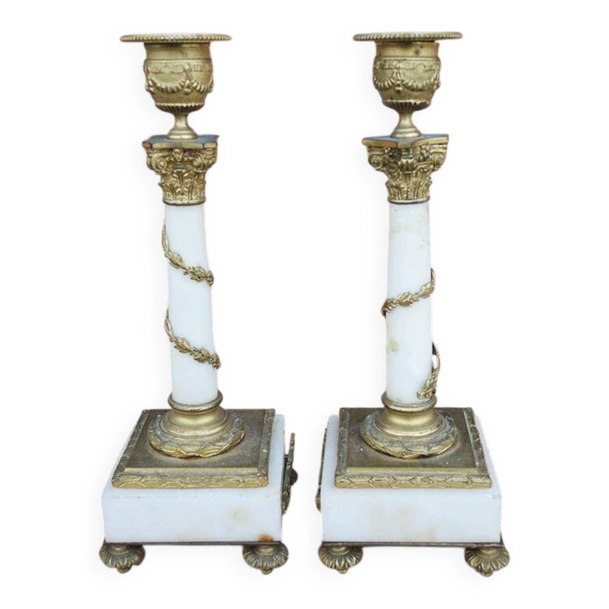2 antique column candle holders in white marble and brass