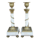 2 antique column candle holders in white marble and brass