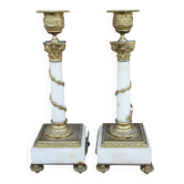 2 anciens bougeoirs colonne en marbre blanc et laiton