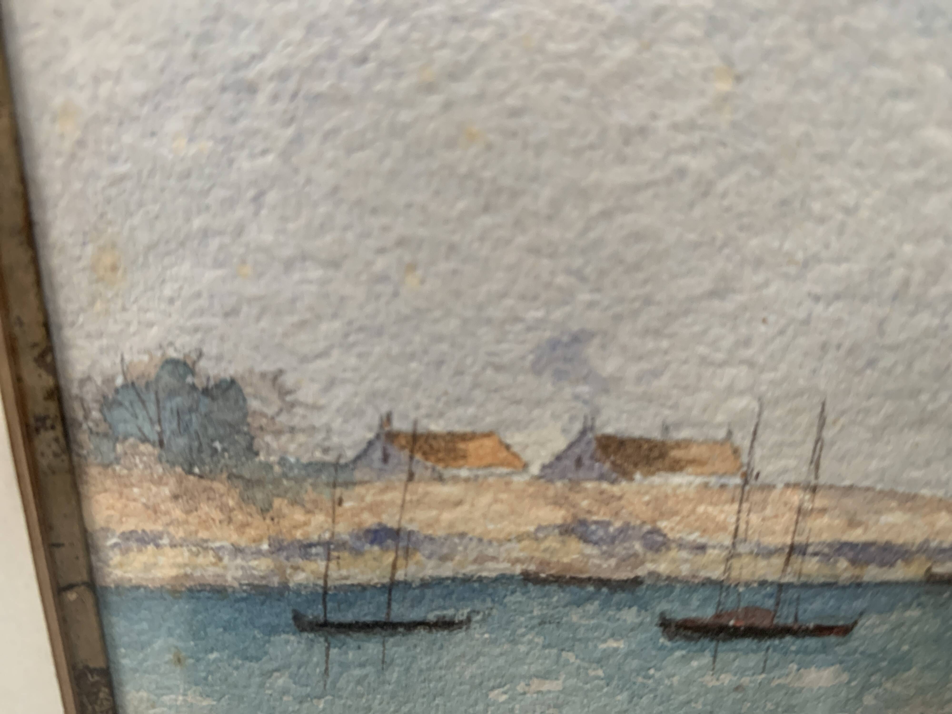 Marine watercolor "Sailboat at sea and stranded on the beach" 20th century